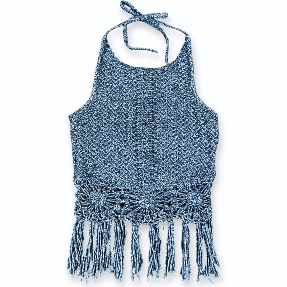 American Rag Cie Blue Denim Boho Crochet Open Knit Fringe‎ Halter Top S Festival